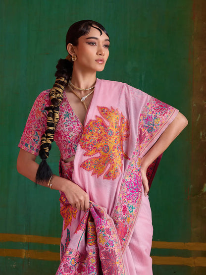 Rose Pink Cotton Pashmina Weaving Saree