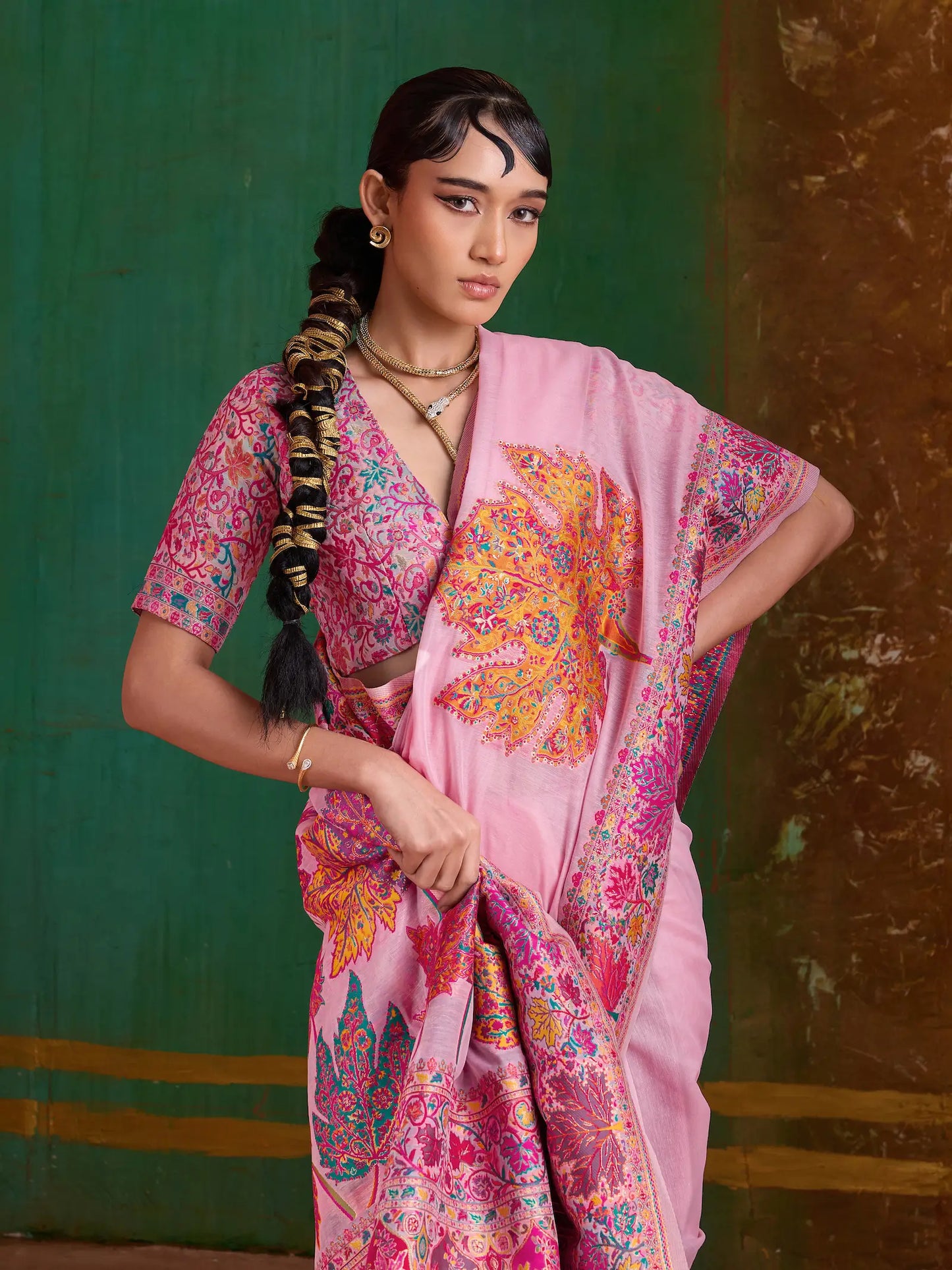 Rose Pink Cotton Pashmina Weaving Saree