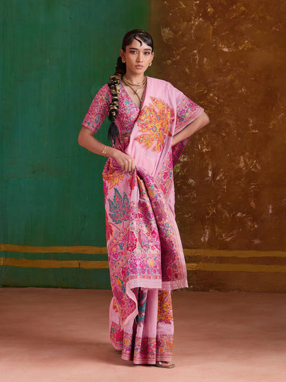 Rose Pink Cotton Pashmina Weaving Saree