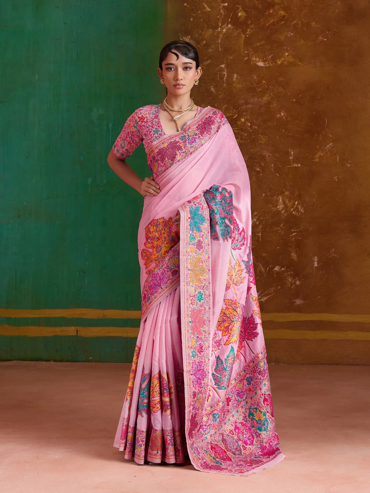 Rose Pink Cotton Pashmina Weaving Saree