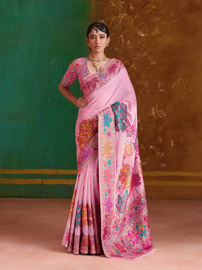 Rose Pink Cotton Pashmina Weaving Saree