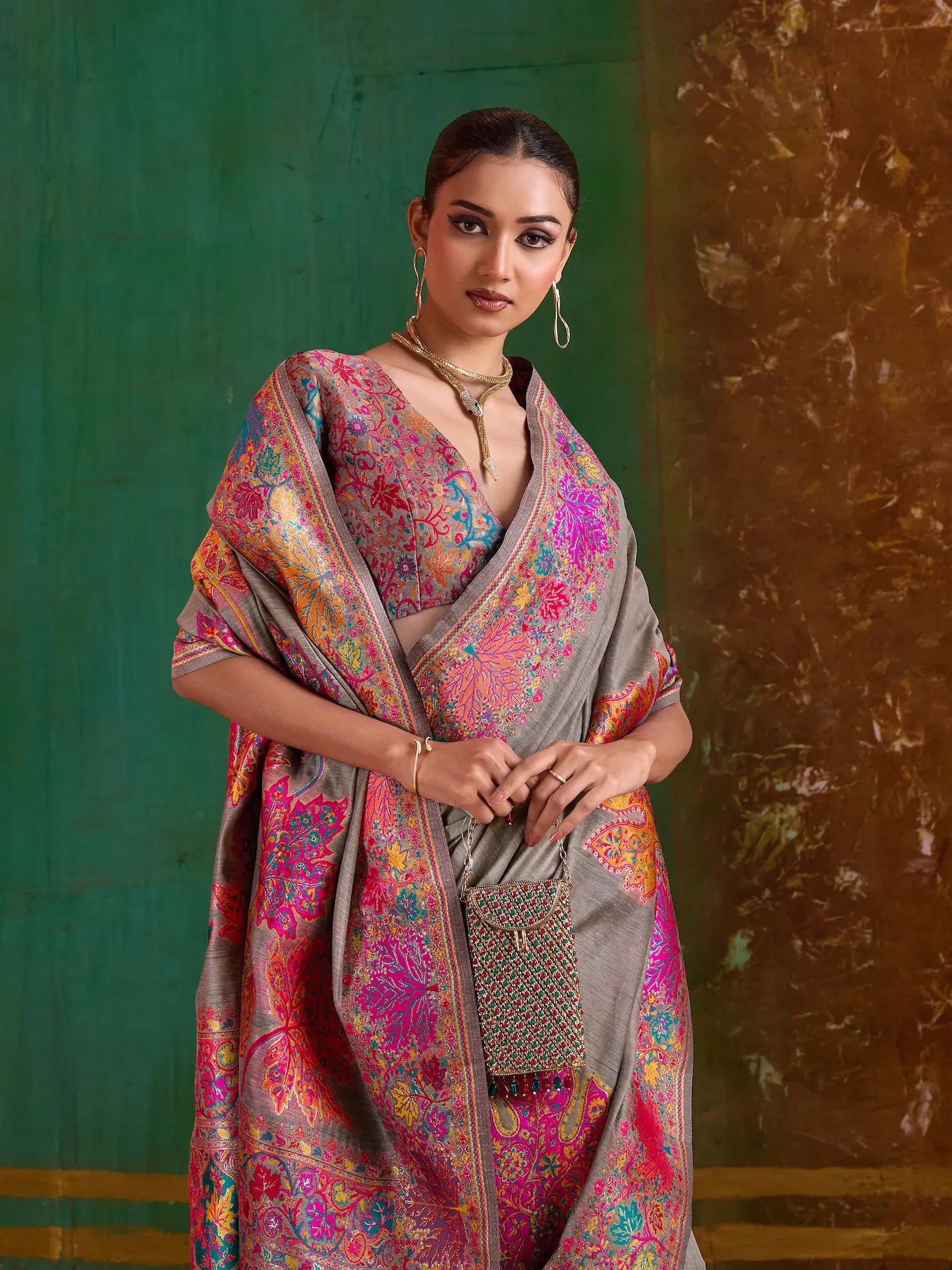 Brownish Grey Cotton Pashmina Weaving Saree