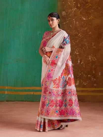 Off White Cotton Pashmina Weaving Saree