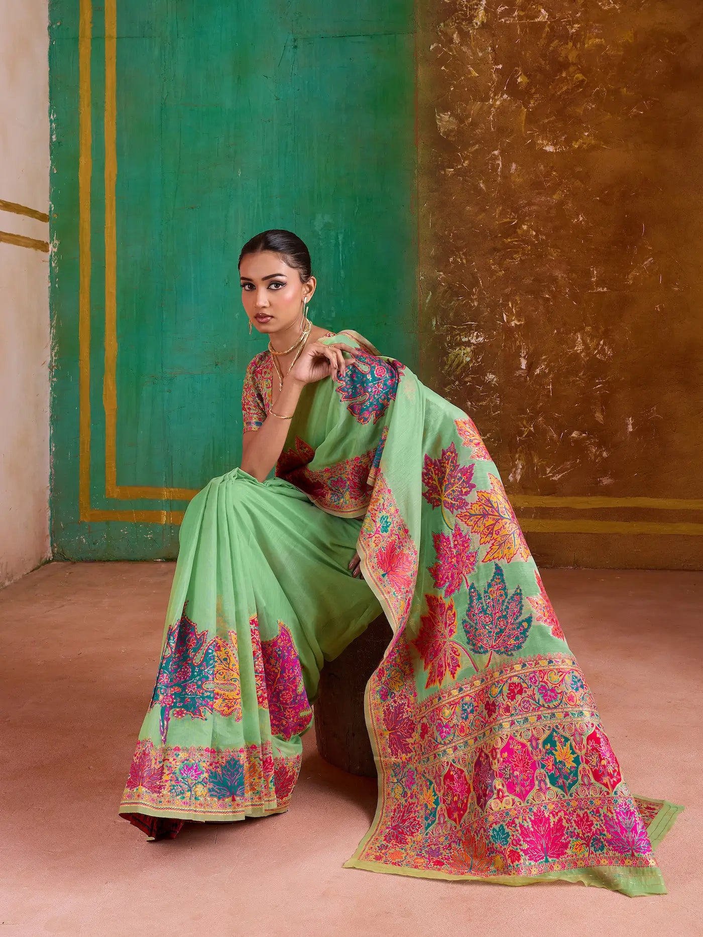 Pista Green Cotton Pashmina Weaving Saree