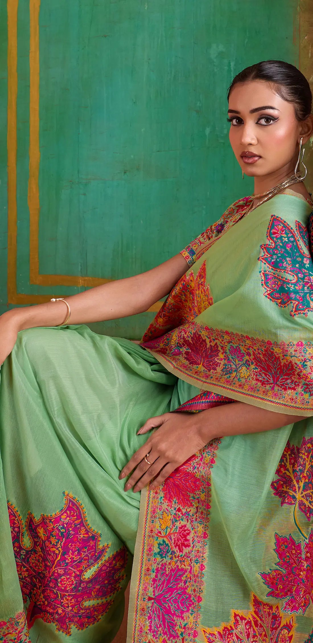 Pista Green Cotton Pashmina Weaving Saree