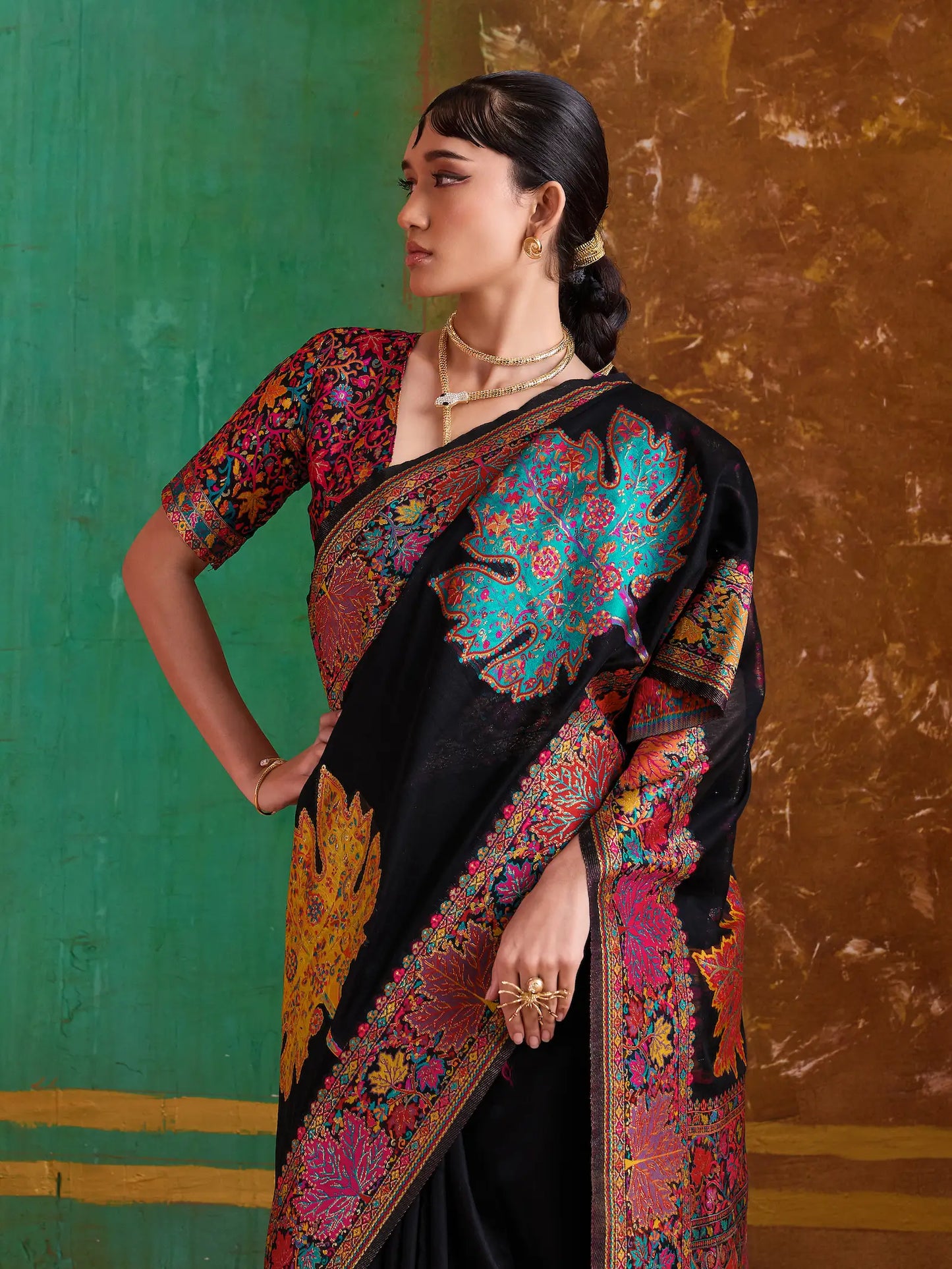 Smoky Black Cotton Pashmina Weaving Saree