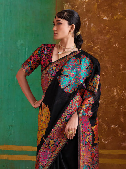 Smoky Black Cotton Pashmina Weaving Saree