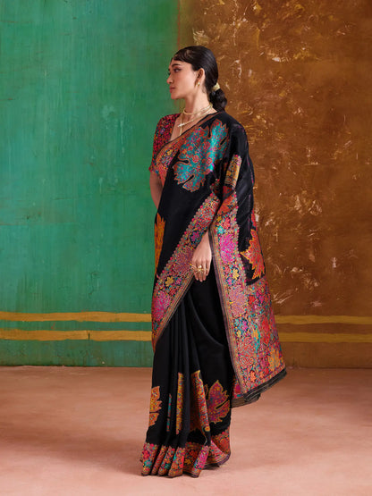 Smoky Black Cotton Pashmina Weaving Saree