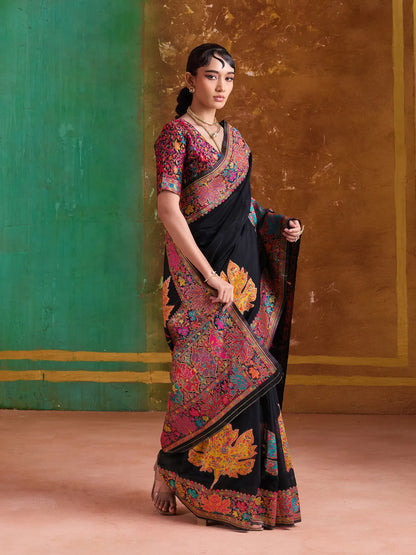 Smoky Black Cotton Pashmina Weaving Saree