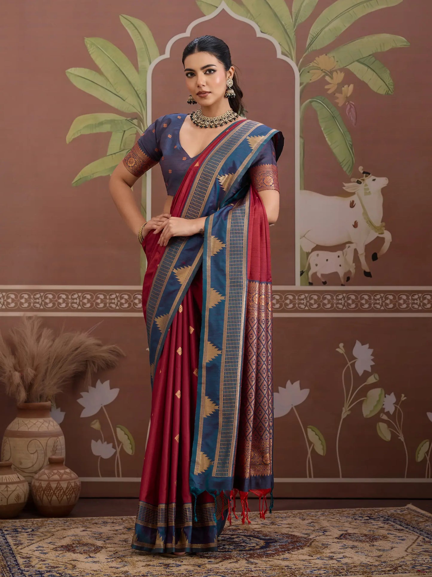 Rich Maroon Tussar Silk Handloom Weaving Saree