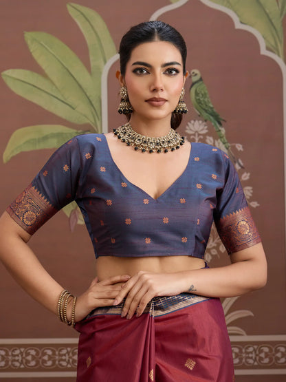 Rich Maroon Tussar Silk Handloom Weaving Saree