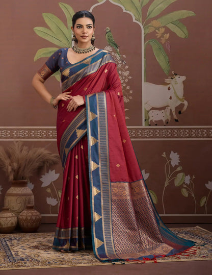 Rich Maroon Tussar Silk Handloom Weaving Saree