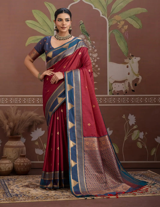 Rich Maroon Tussar Silk Handloom Weaving Saree