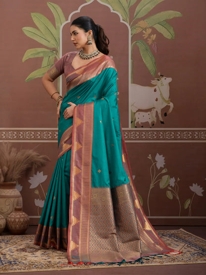Teal Blue Tussar Silk Handloom Weaving Saree