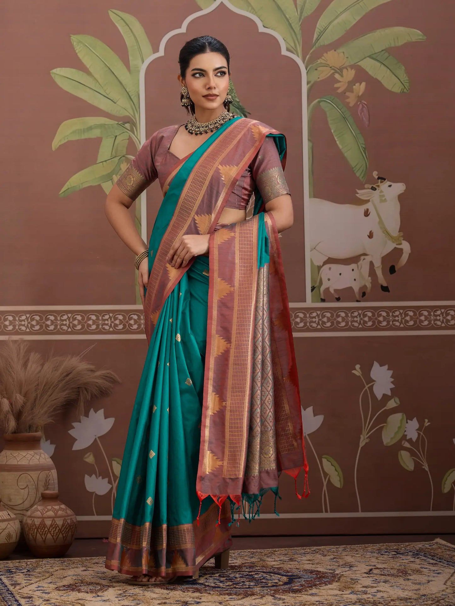 Teal Blue Tussar Silk Handloom Weaving Saree