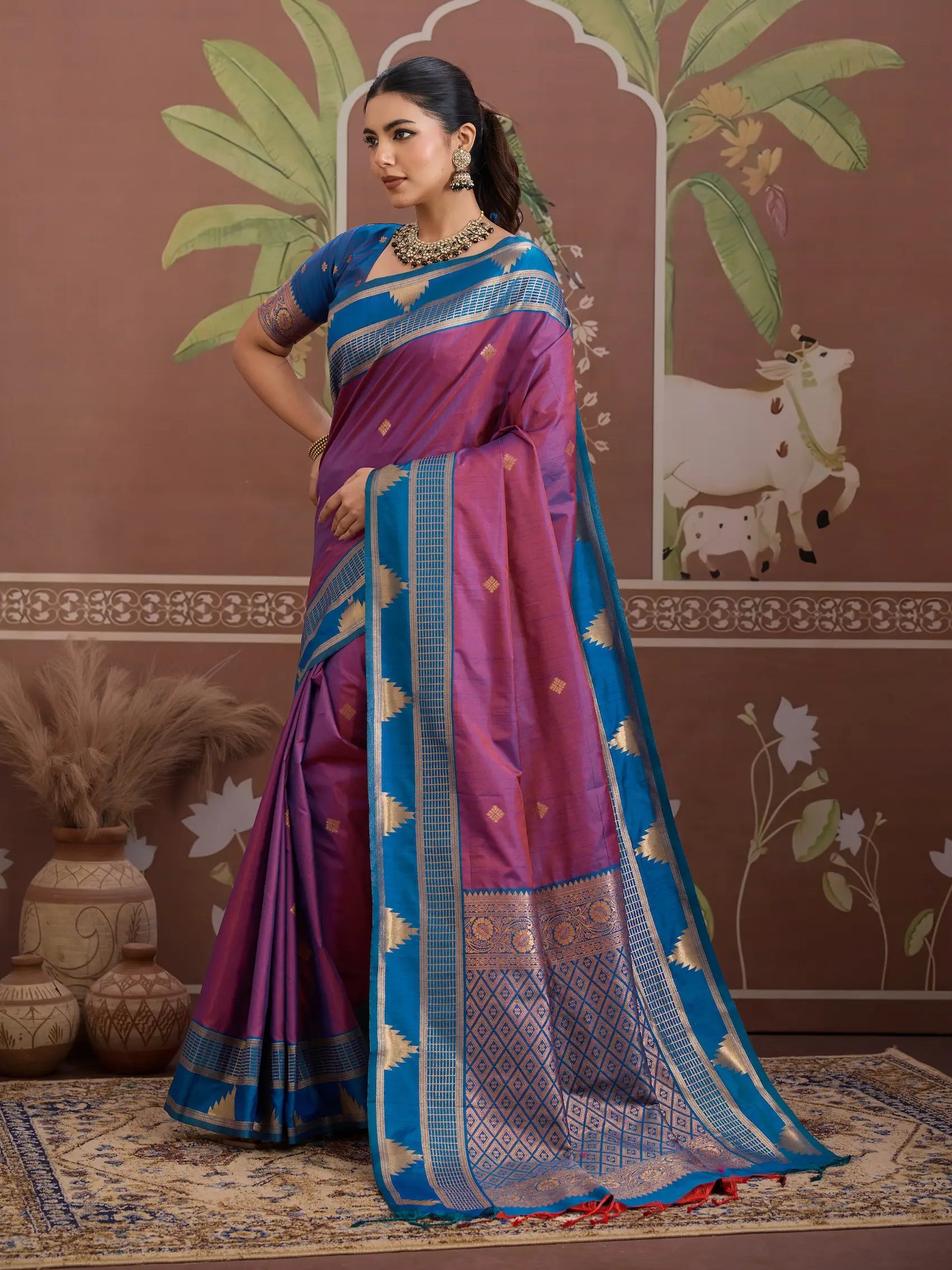 Warm Purple Tussar Silk Handloom Weaving Saree