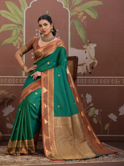 Pine Green Tussar Silk Handloom Weaving Saree