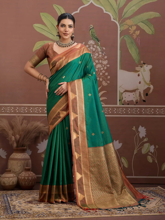 Pine Green Tussar Silk Handloom Weaving Saree