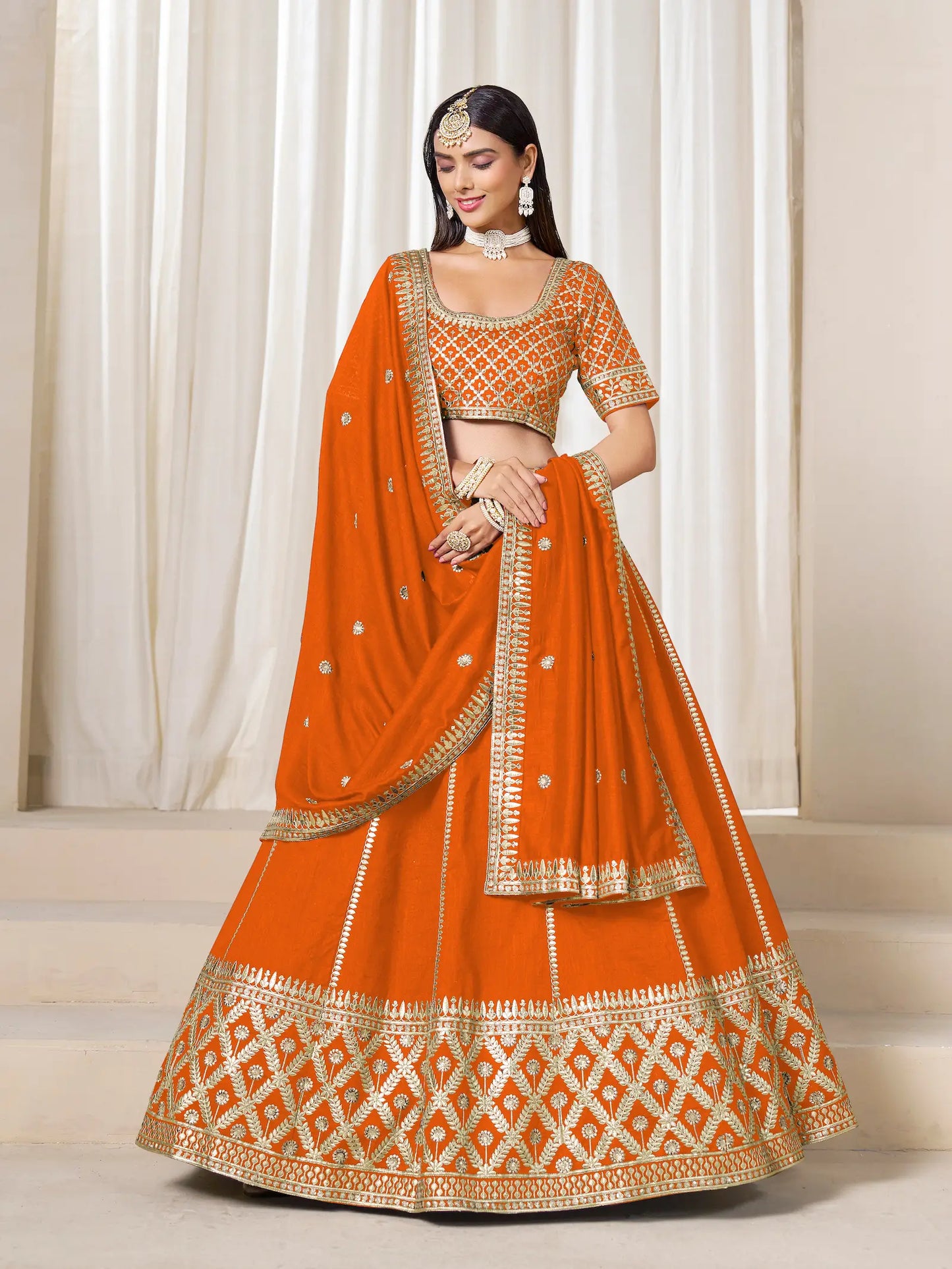 Orange Art Silk Embroidery Work Lehenga Choli