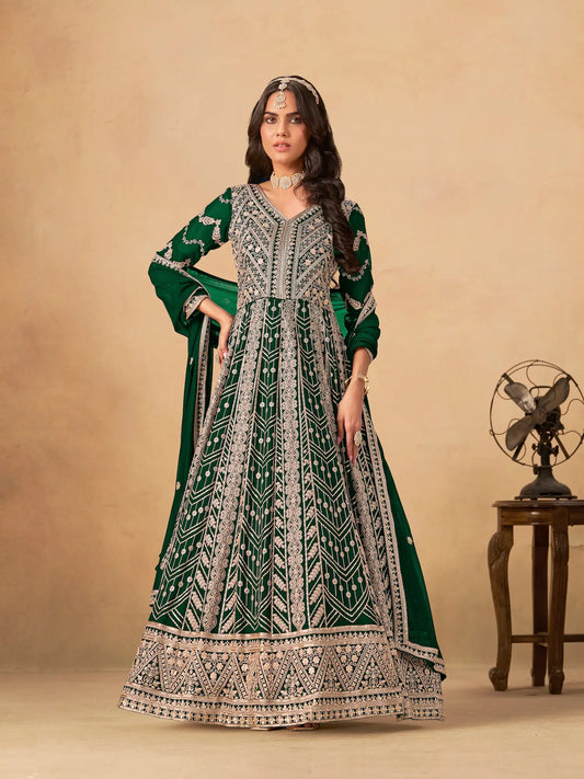 Dark Green Georgette Embroidery Work Gown