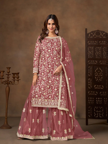 Brownish Pink Net Embroidery Palazzo Suit