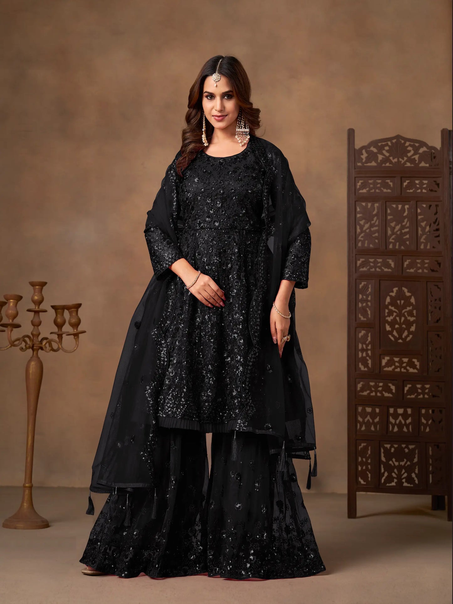 Black Net Embroidery Work Sharara Set