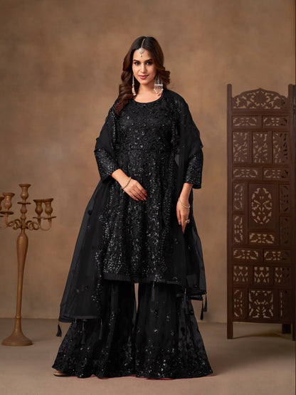 Black Net Embroidery Work Sharara Set