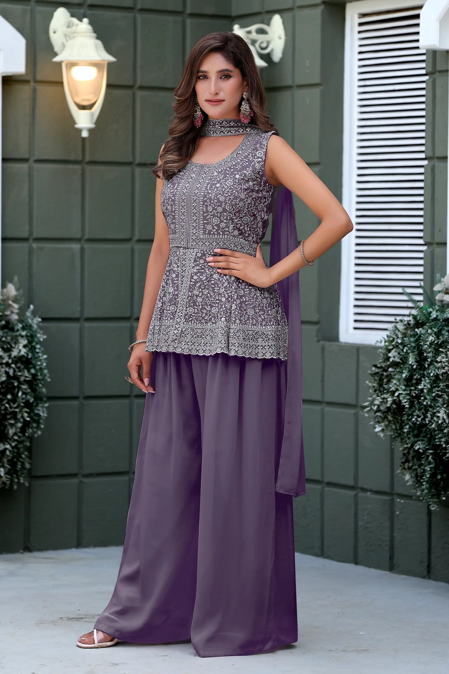 Lavender Star Georgette Embroidery Palazzo Suit