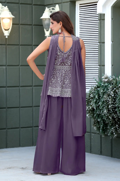 Lavender Star Georgette Embroidery Palazzo Suit