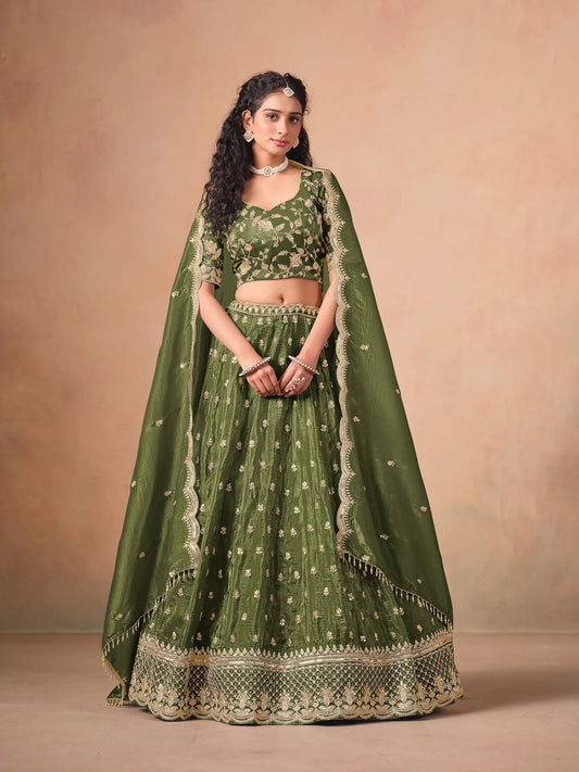 Army Green Organza Embroidery Work Lehenga Choli