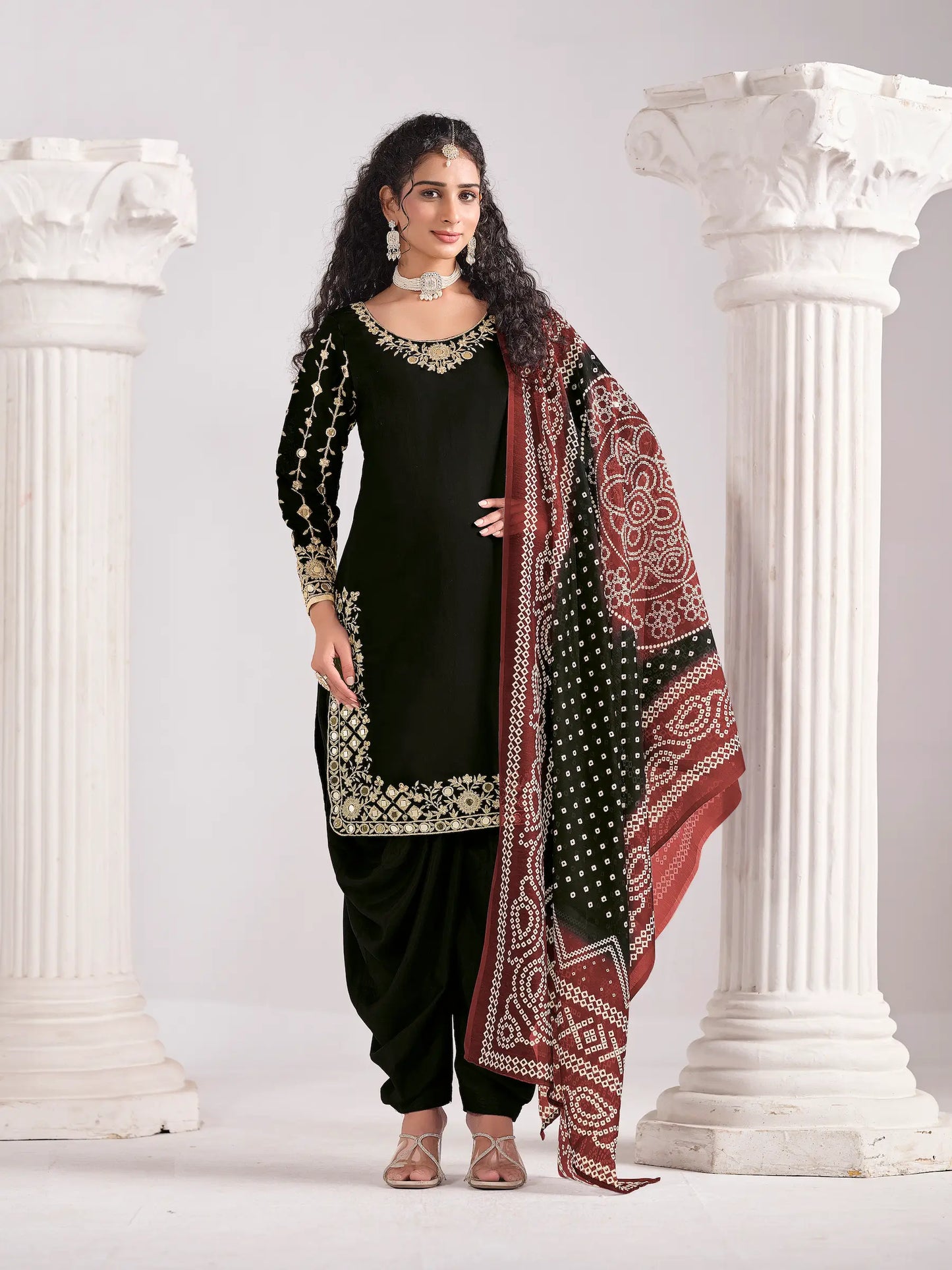 Black Silk Salwar Suit With Mirror Work & Embroidery