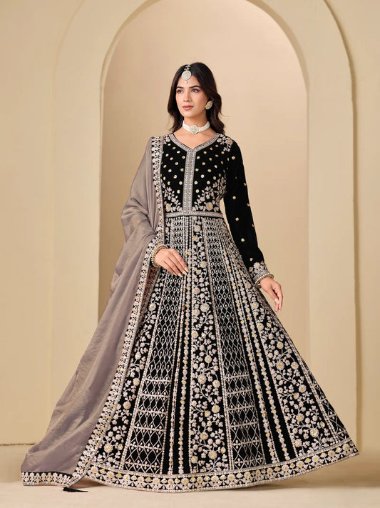 Jet Black Velvet Heavy Embroidered Gown