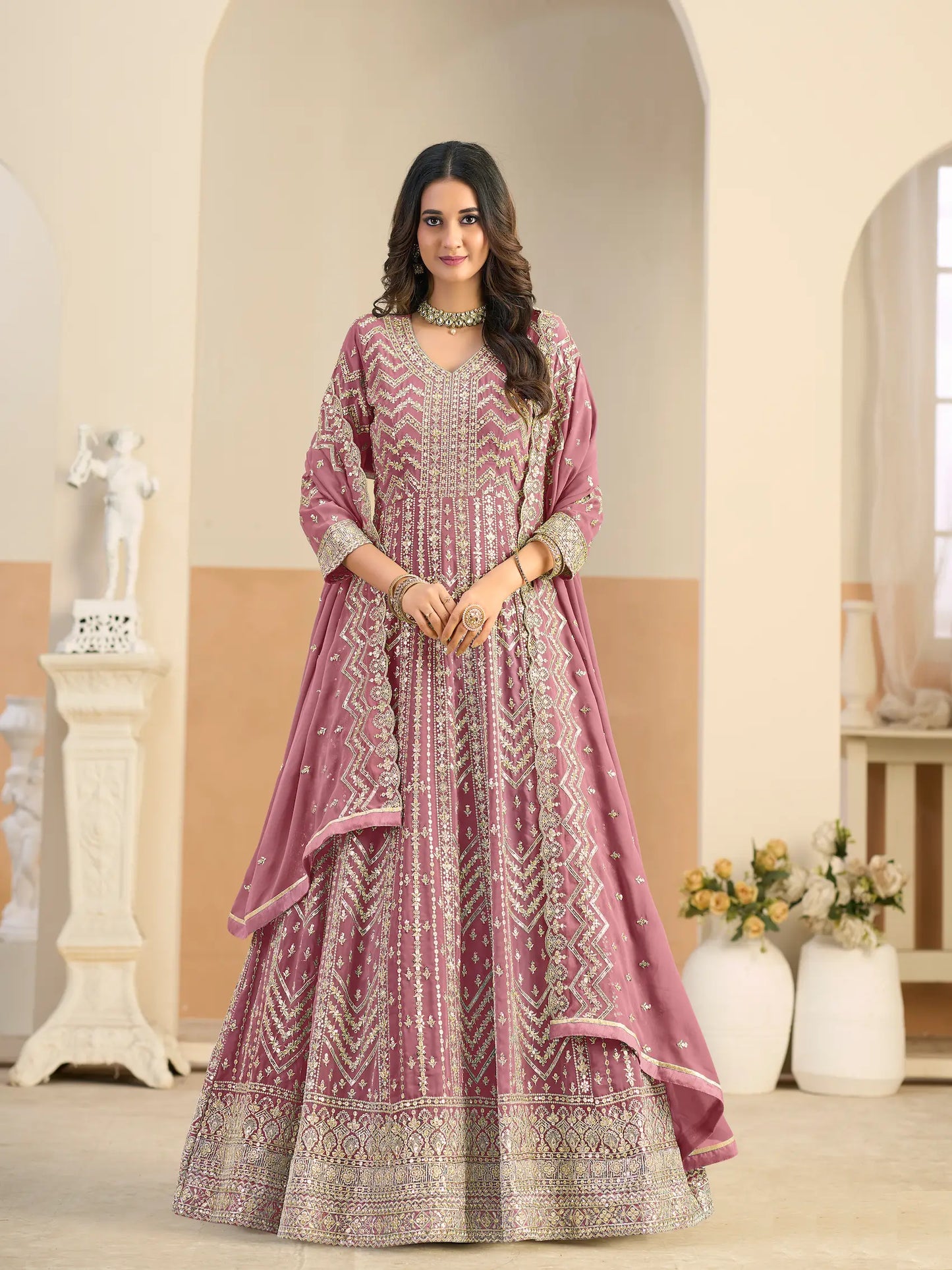 Pastel Pink Georgette Embroidery Gown