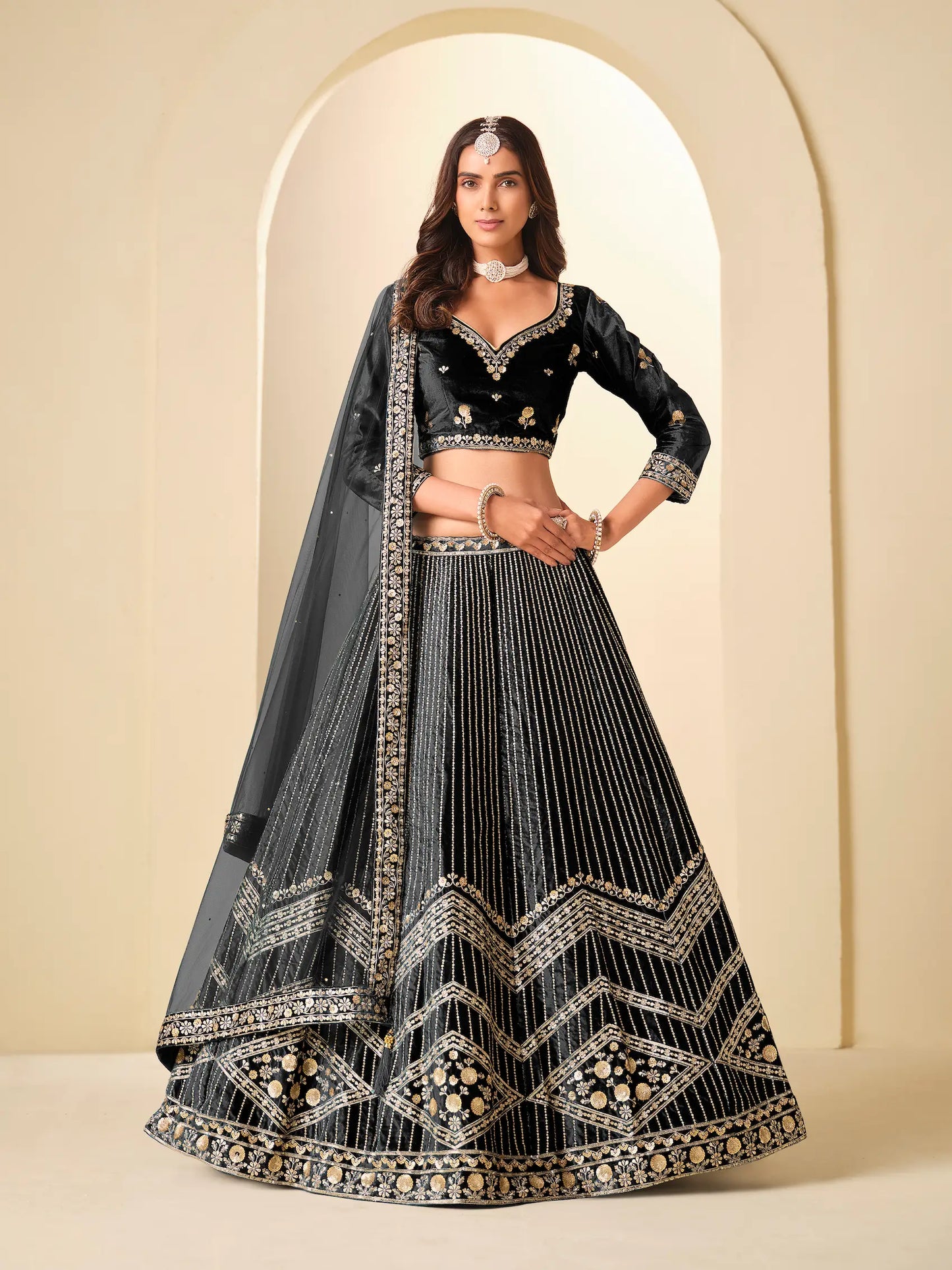 Hot Black Velvet Lehenga Choli With Embroidery