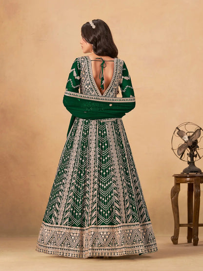Dark Green Georgette Embroidery Work Gown