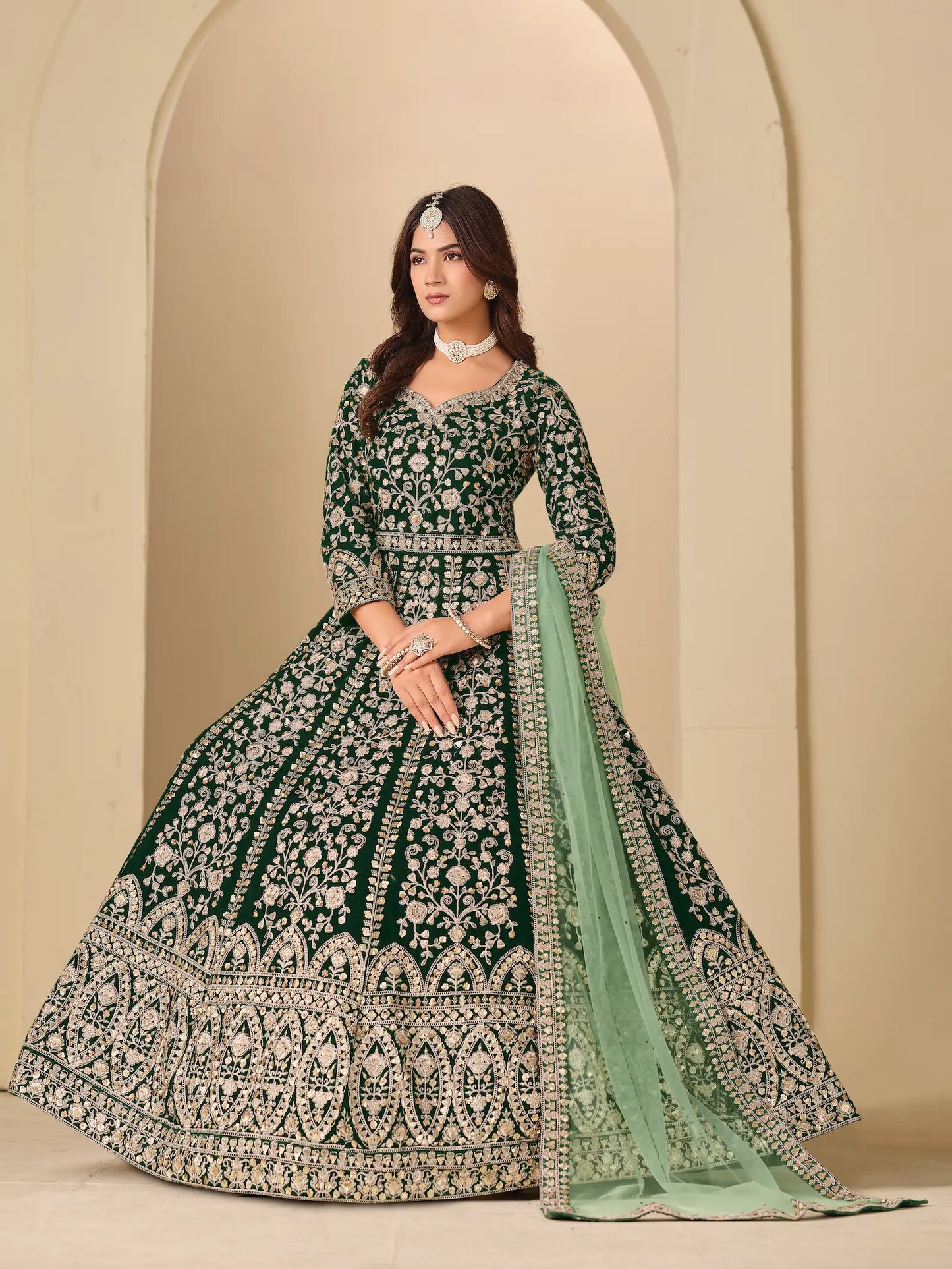 Emerald Green Velvet Heavy Embroidered Gown