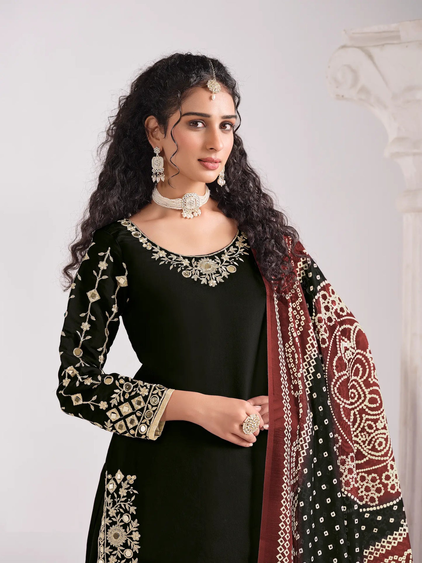 Black Silk Salwar Suit With Mirror Work & Embroidery