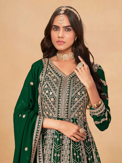 Dark Green Georgette Embroidery Work Gown