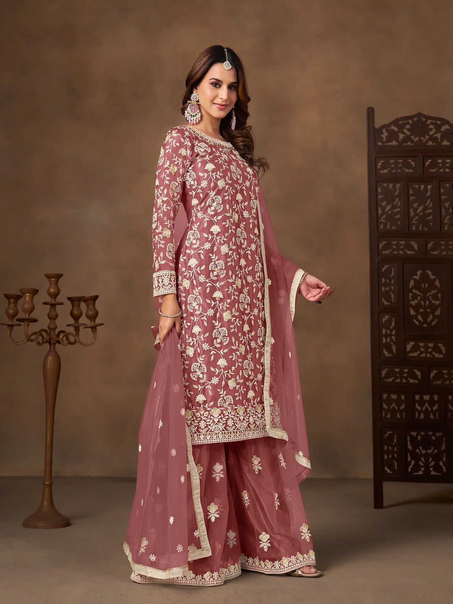 Brownish Pink Net Embroidery Palazzo Suit