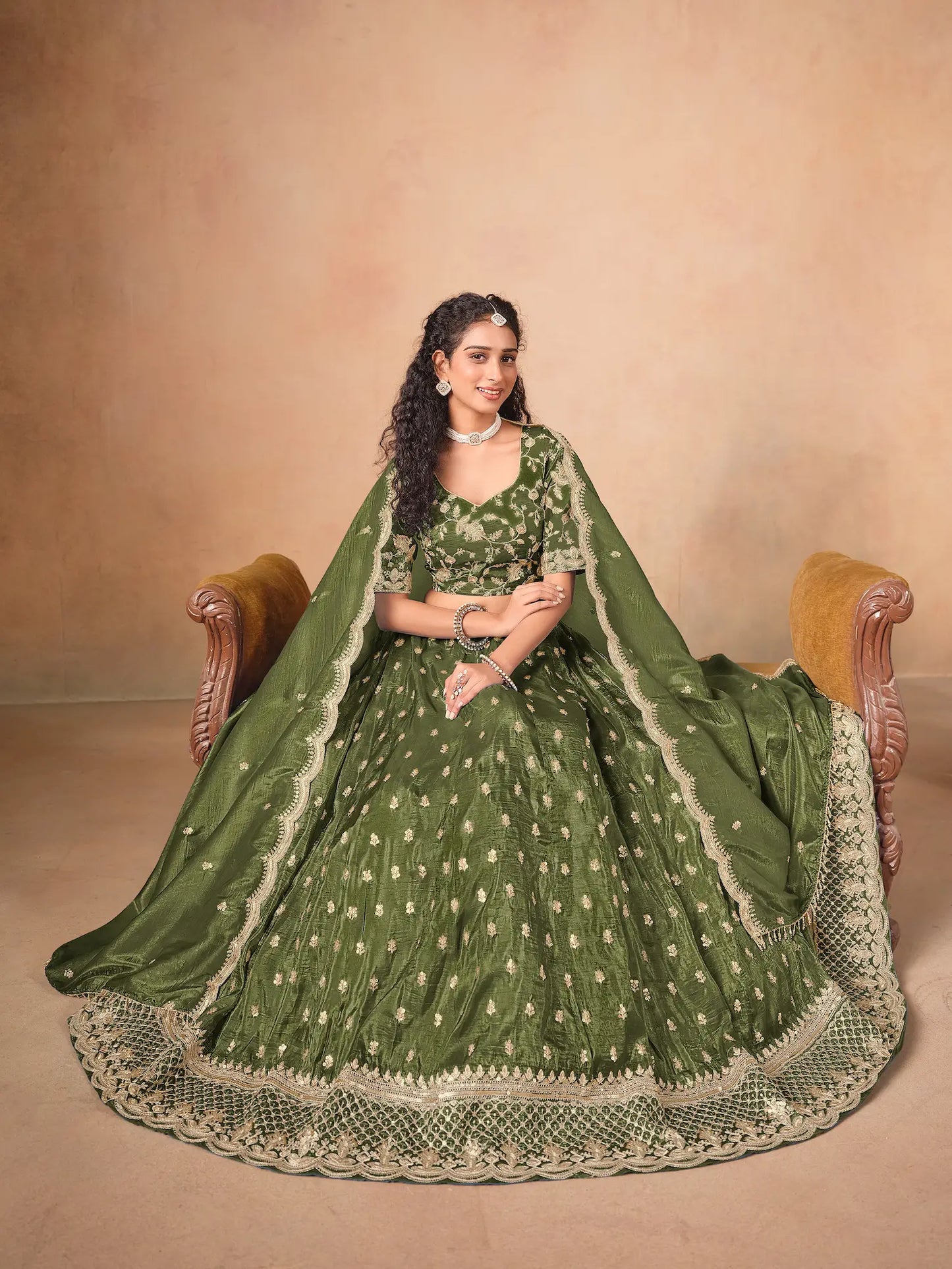 Army Green Organza Embroidery Work Lehenga Choli
