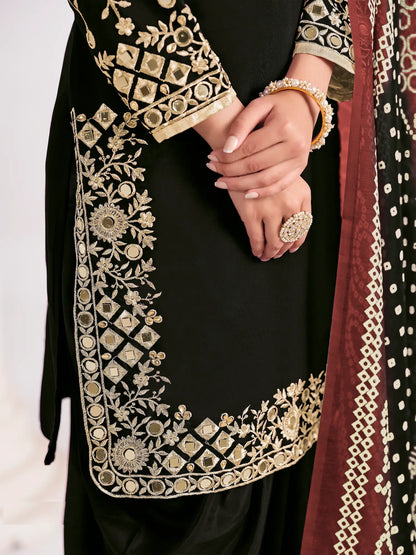 Black Silk Salwar Suit With Mirror Work & Embroidery