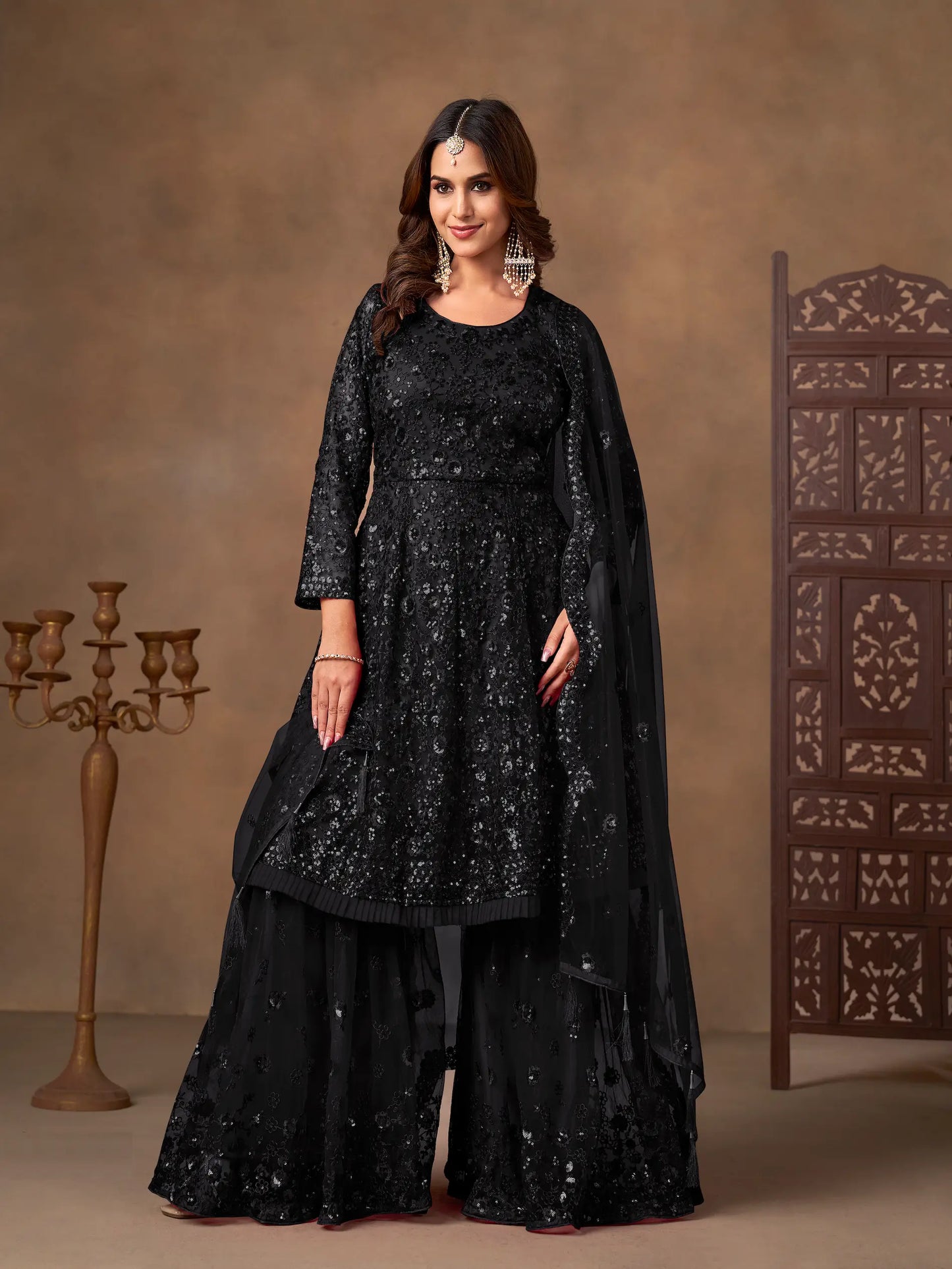 Black Net Embroidery Work Sharara Set