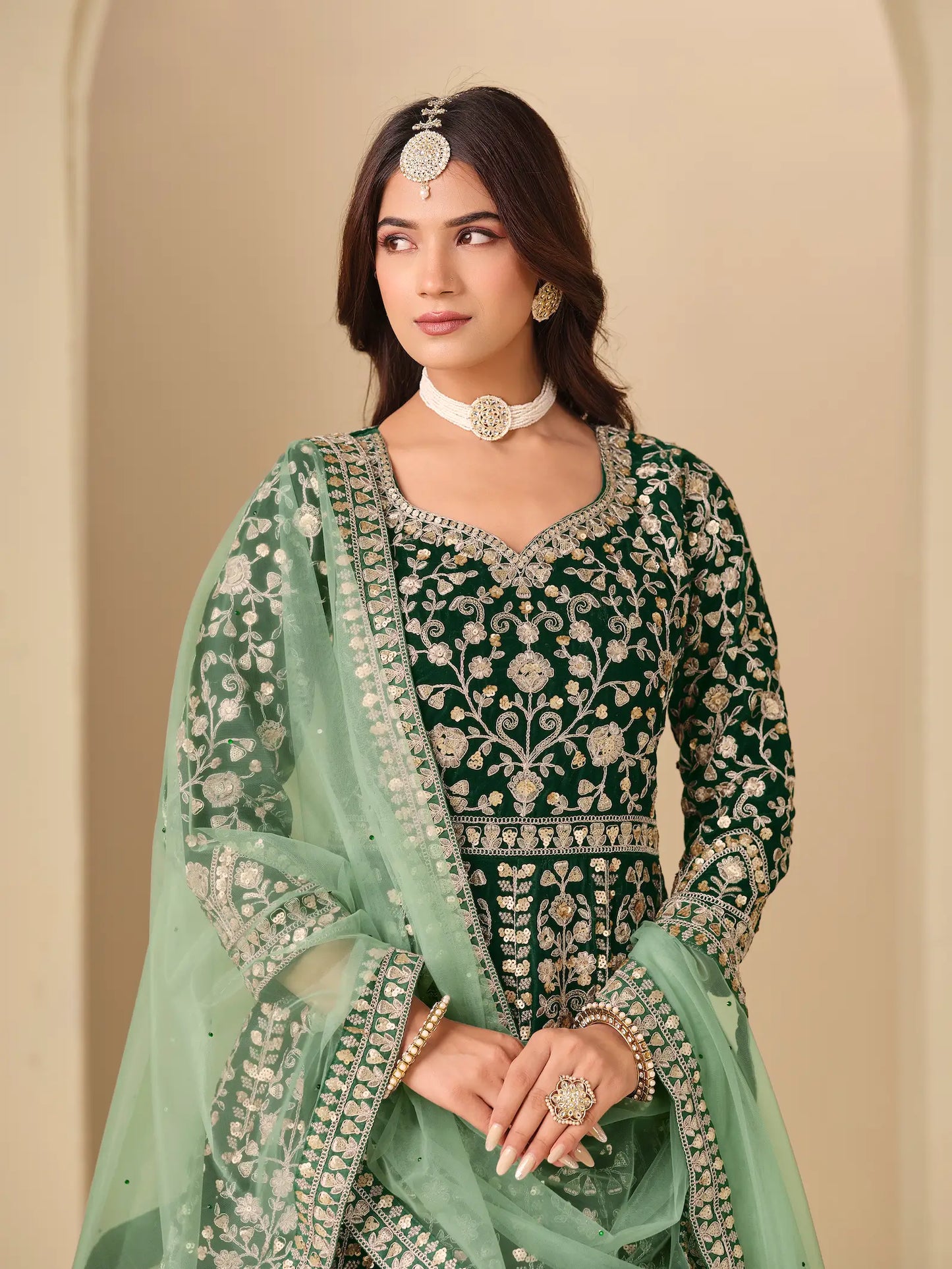 Emerald Green Velvet Heavy Embroidered Gown