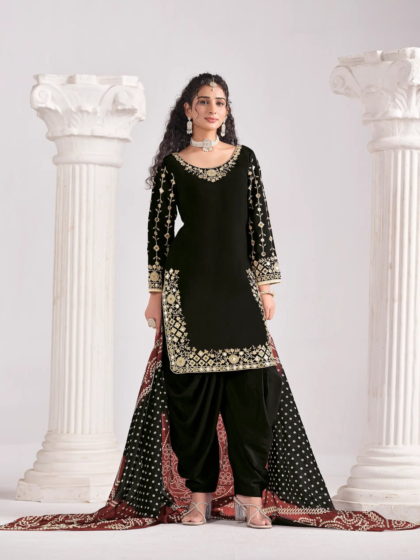 Black Silk Salwar Suit With Mirror Work & Embroidery