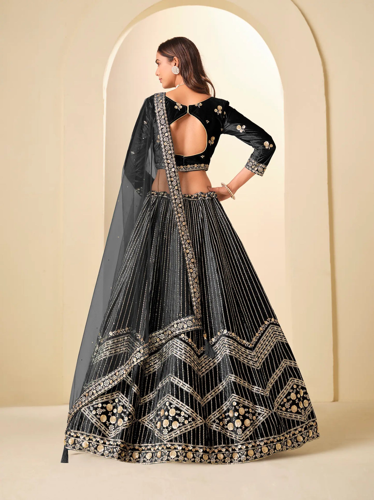 Hot Black Velvet Lehenga Choli With Embroidery