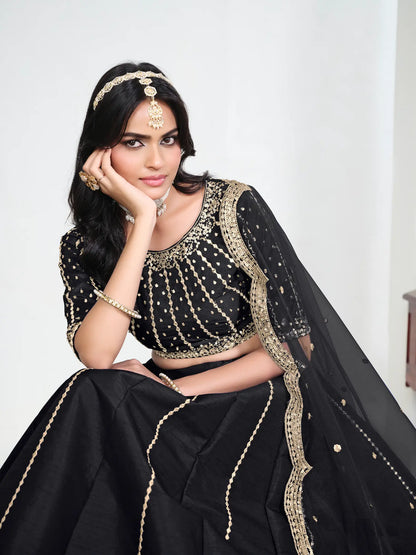 Black Art Silk Embroidery Lehenga Choli