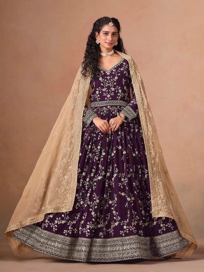 Purple Georgette Embroidery Gown With Organza Dupatta