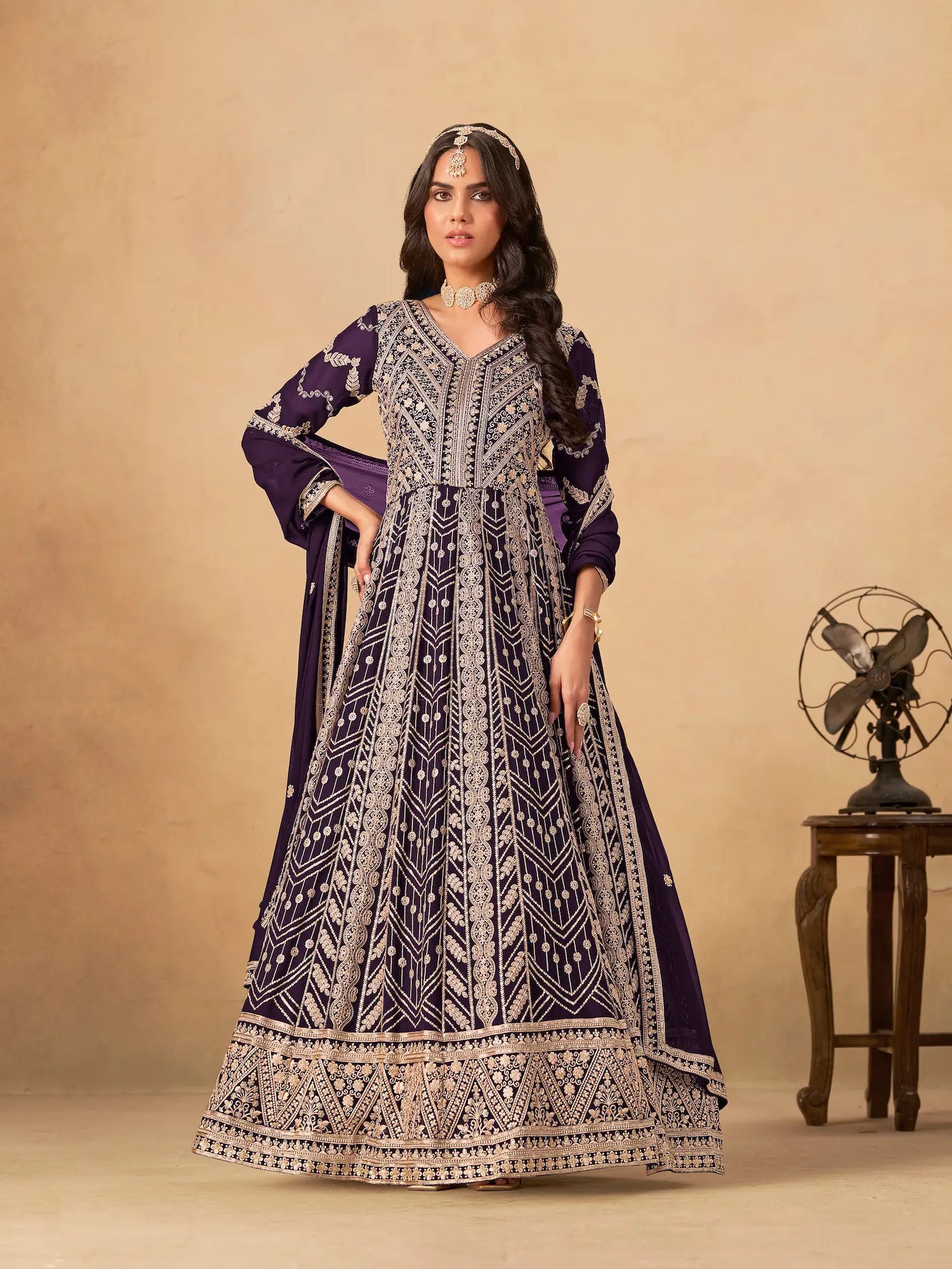 Deep Purple Georgette Embroidery Work Gown