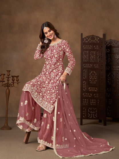 Brownish Pink Net Embroidery Palazzo Suit