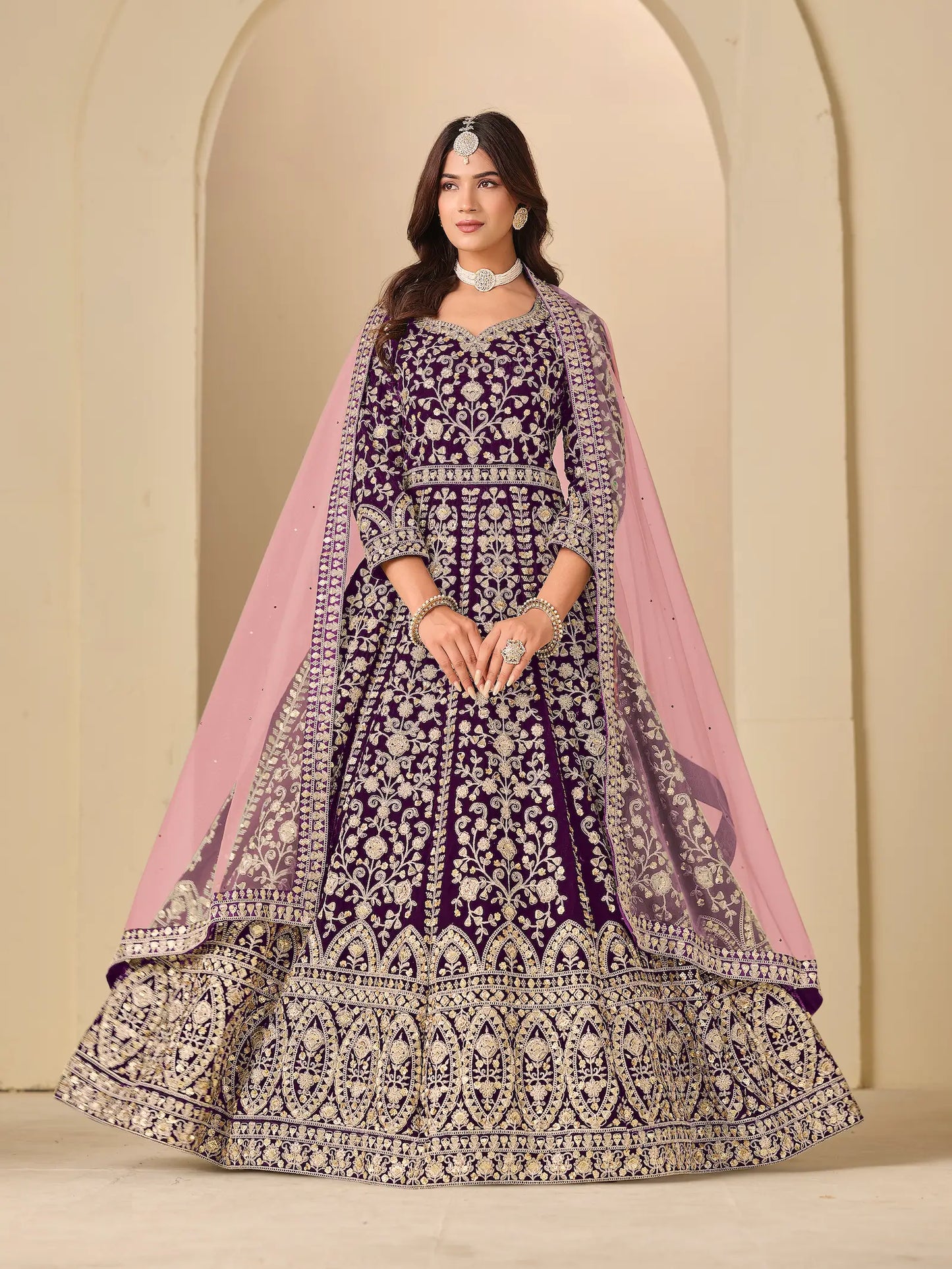 Deep purple Velvet Heavy Embroidered Gown